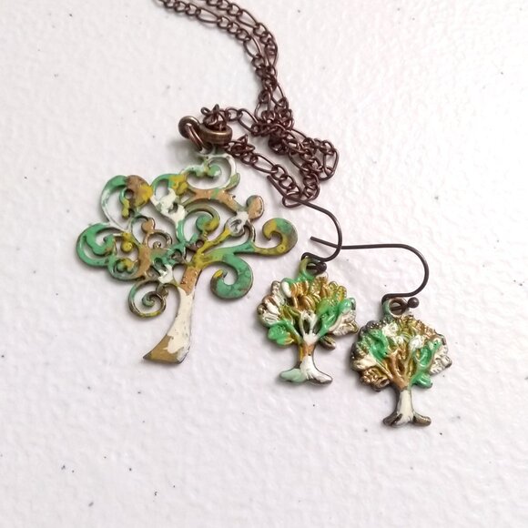 Tree of Life! Patina Painted Bronze Necklace & Earrings Set | Autumn Fall Colors - Picture 1 of 10